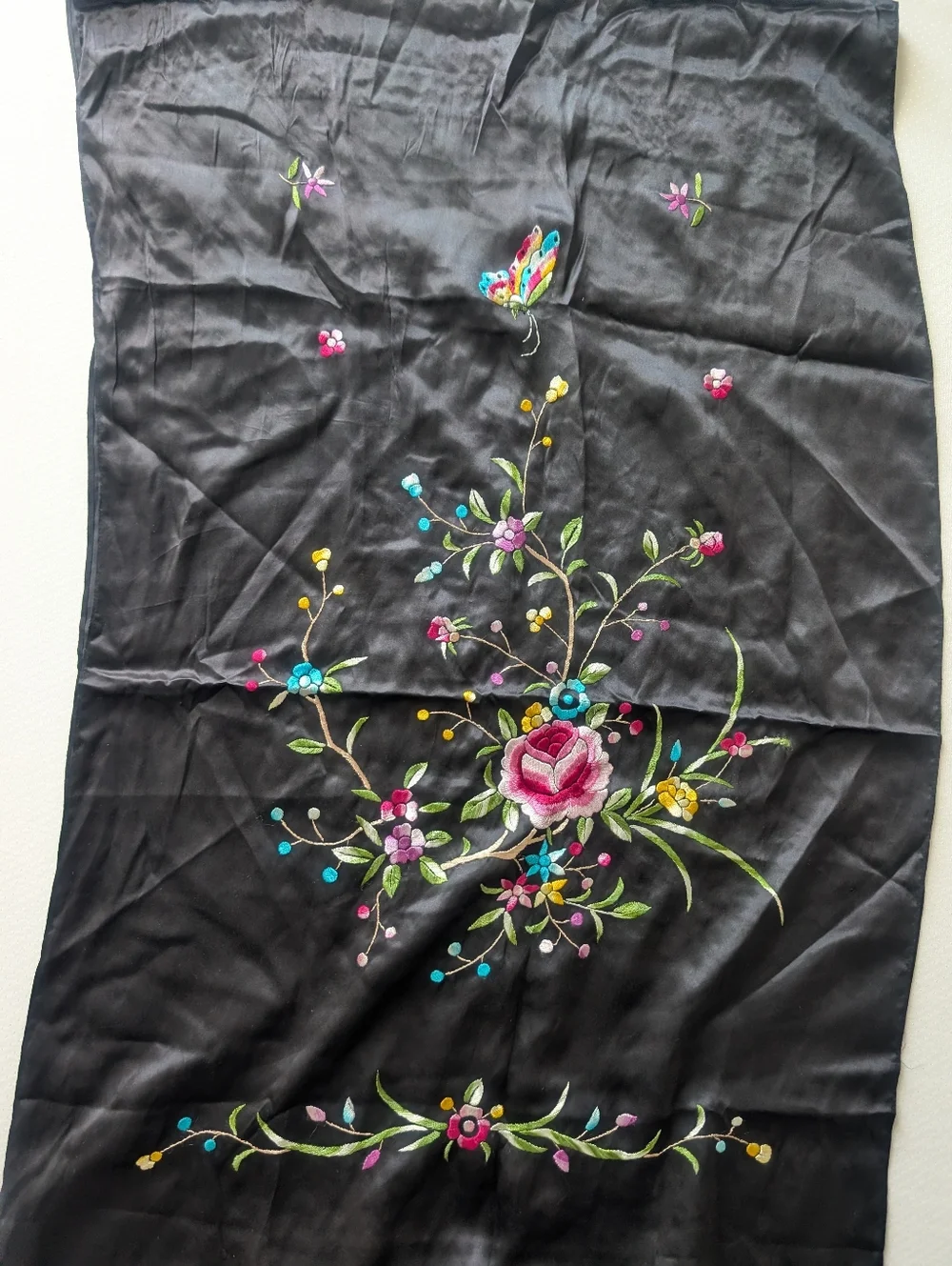 Embroidered Floral Scarf Shawl Black 100% Silk Tassel Women's Accessory - Picture 12 of 16